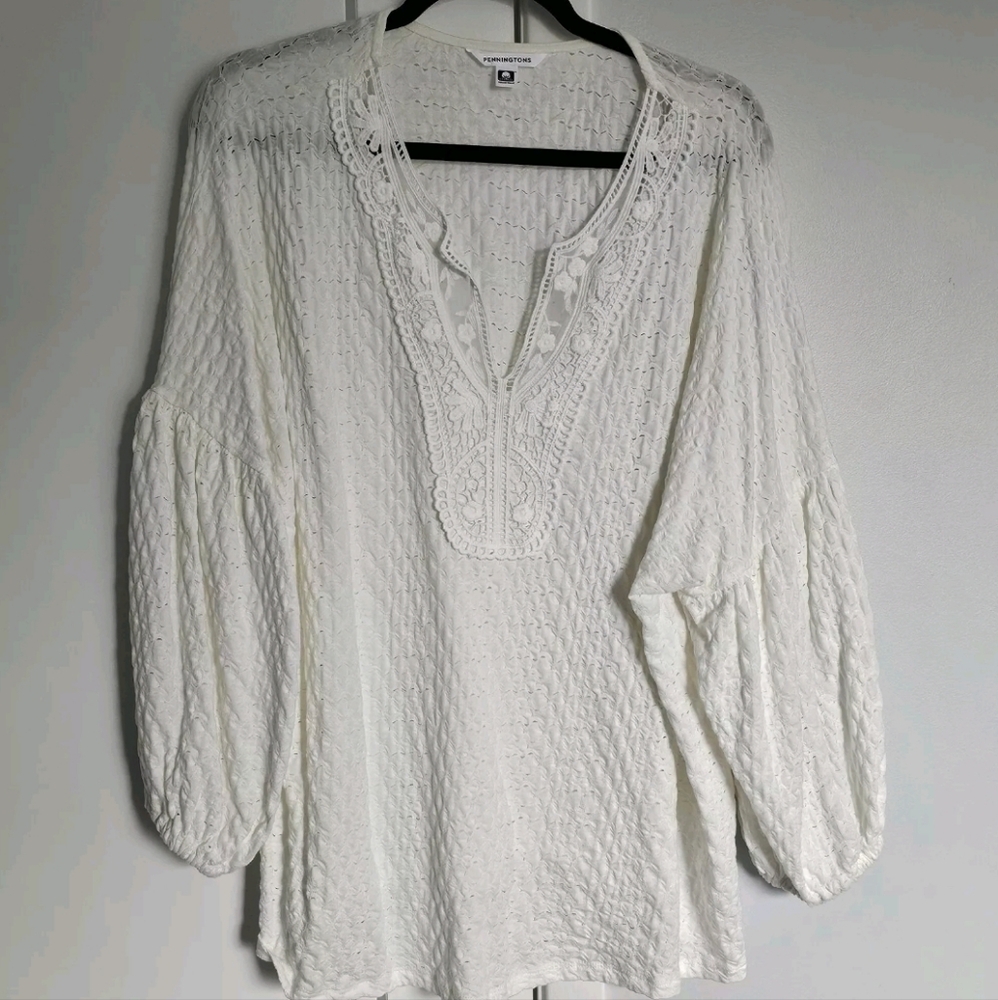 Plus Size 2X Penningtons White 3/4 Sleeve Tunic
